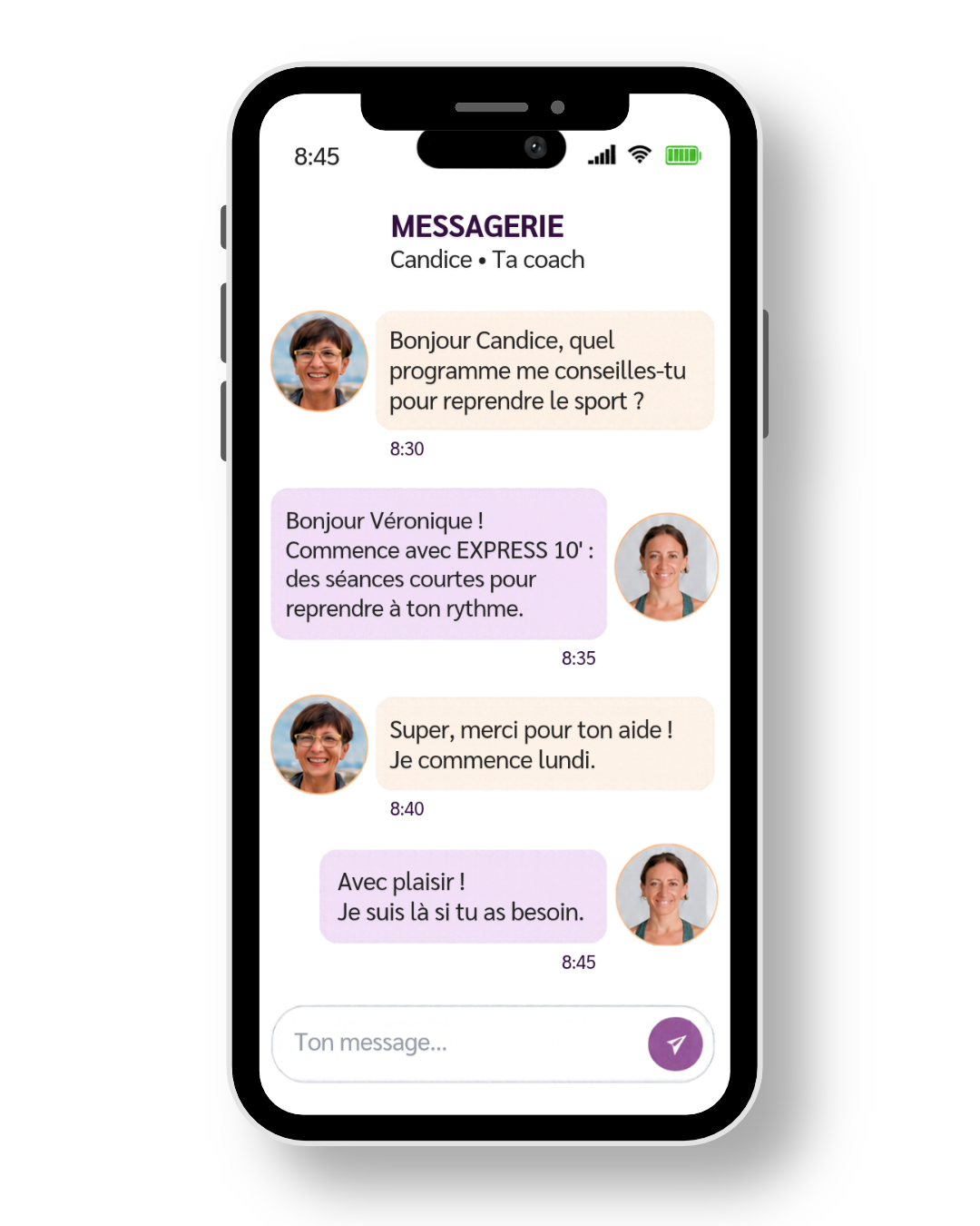La messagerie avec Candice dans l’application